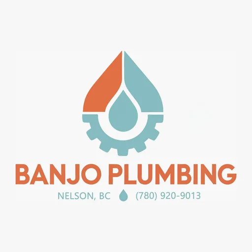 Banjo Plumbing logo: an orange and teal water drop over a gear, with Nelson, BC and (780) 920-9013