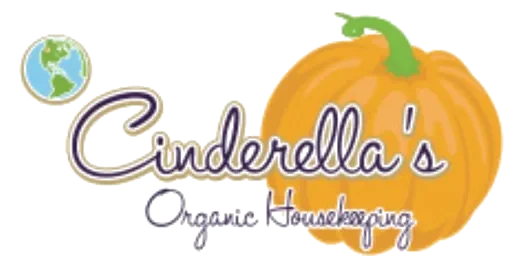 Cinderella's Organic Housekeeping logo: the name in purple script across an orange pumpkin, with a small globe