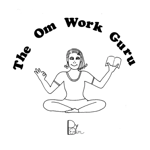 The Om Work Guru logo: a hand-drawn woman sitting cross-legged, one hand in a mudra and the other holding an open book, signed By Erin
